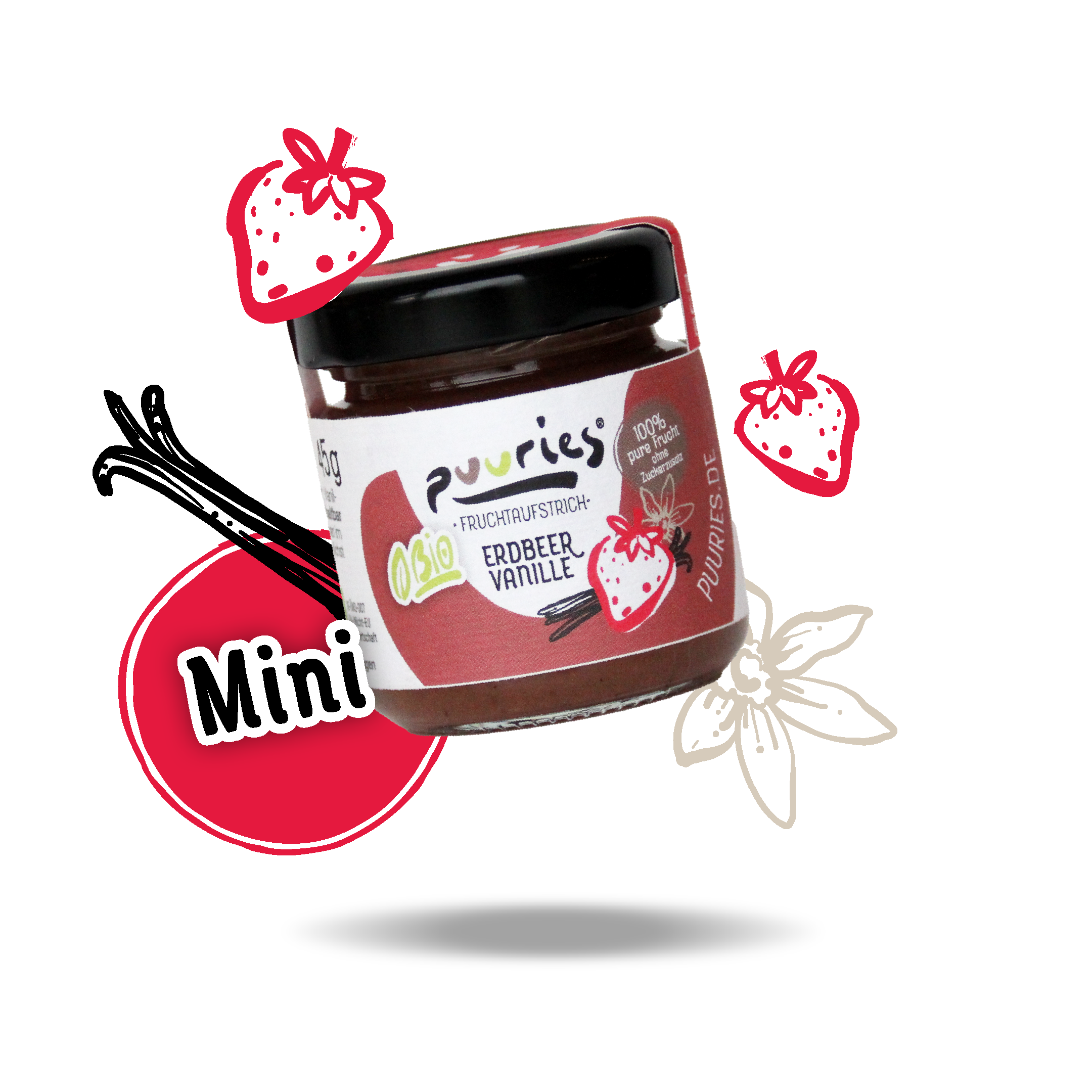 Mini puuries® Bio-Fruchtaufstrich Erdbeer Vanille Mini puuries® Bio-Fruchtaufstrich Erdbeer Vanille